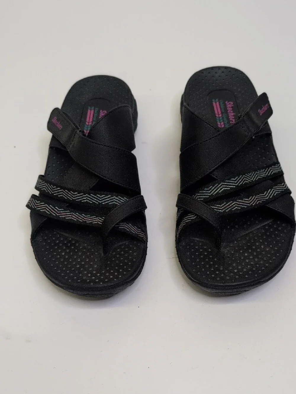 Skechers Womans Black Slide Sandals with Pink Accent